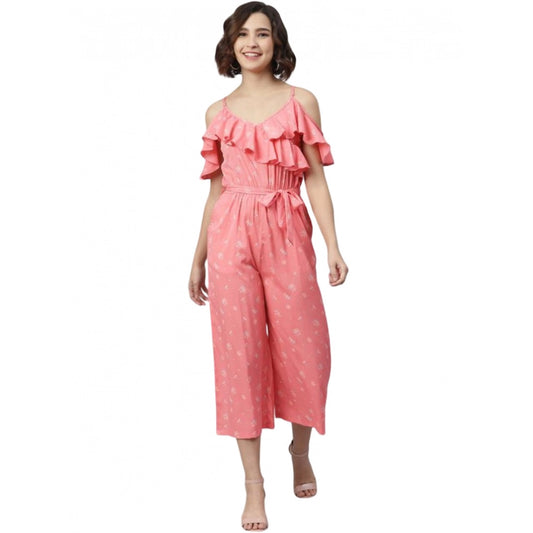 PKRKART Women's Polyester Floral Cold Shoulder Jumpsuit (Pink)