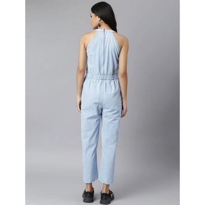 PKRKART Women's Denim Self Design Sleeveless Jumpsuit (Blue)