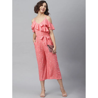 PKRKART Women's Polyester Floral Cold Shoulder Jumpsuit (Pink)
