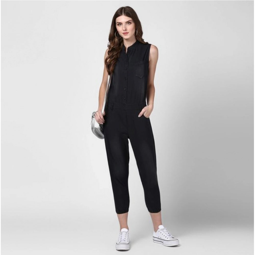 PKRKART Women's Denim Solid Sleeveless Jumpsuit (Black)