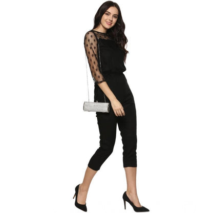 PKRKART Women's Polyester Self Design 3/4th Sleeve Jumpsuit (Black)