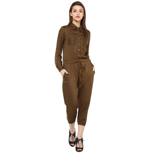 PKRKART Women's Rayon Solid Long Sleeve Jumpsuit (Olive)