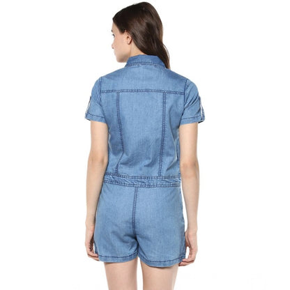 PKRKART Women's Denim Solid Short Sleeve Jumpsuit (Blue)