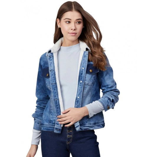 PKRKART Women's Denim Washed Long Sleeve Jacket (Blue)