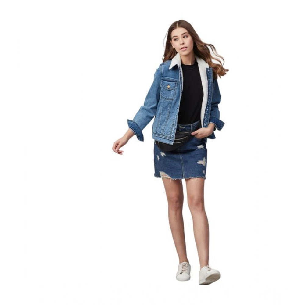 PKRKART Women's Denim Washed Long Sleeve Jacket (Blue)