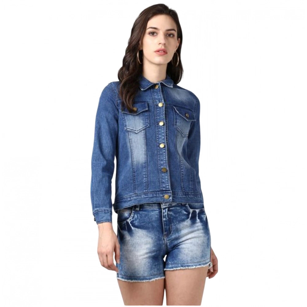 PKRKART Women's Denim Hand Painted Long Sleeve Jacket (Blue)