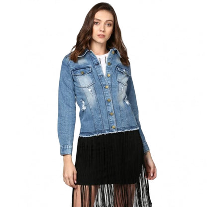 PKRKART Women's Denim Distressed Long Sleeve Jacket (Blue)