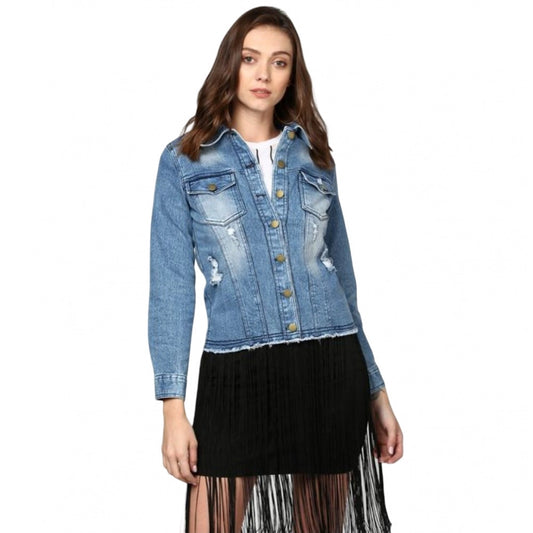 PKRKART Women's Denim Distressed Long Sleeve Jacket (Blue)