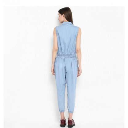 PKRKART Women's Denim Solid Sleeveless Jumpsuit (Blue)
