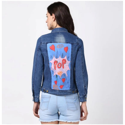 PKRKART Women's Denim Hand Painted Long Sleeve Jacket (Blue)