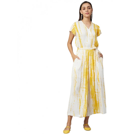 PKRKART Women's Rayon Striped Short Sleeve Jumpsuit (Yellow - White)