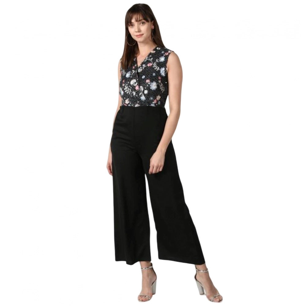 PKRKART Women's Polyester Embroidered Sleeveless Jumpsuit (Black)