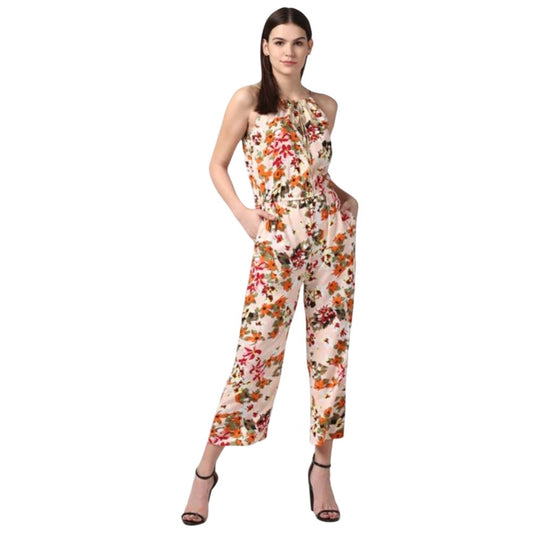 PKRKART Women's Polyester Floral Halter Jumpsuit (Peach)