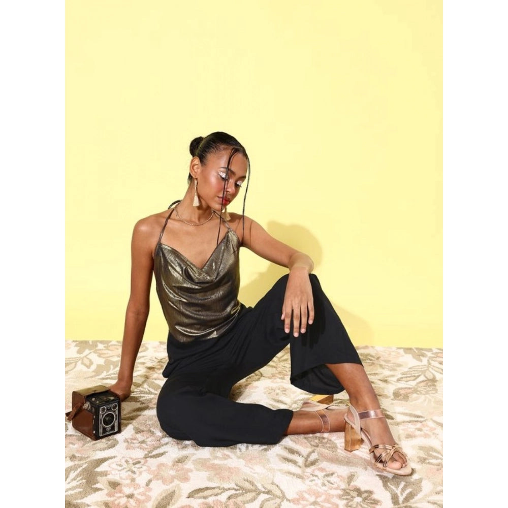 PKRKART Women's Polyester Embellished Sleeveless Jumpsuit (Gold)