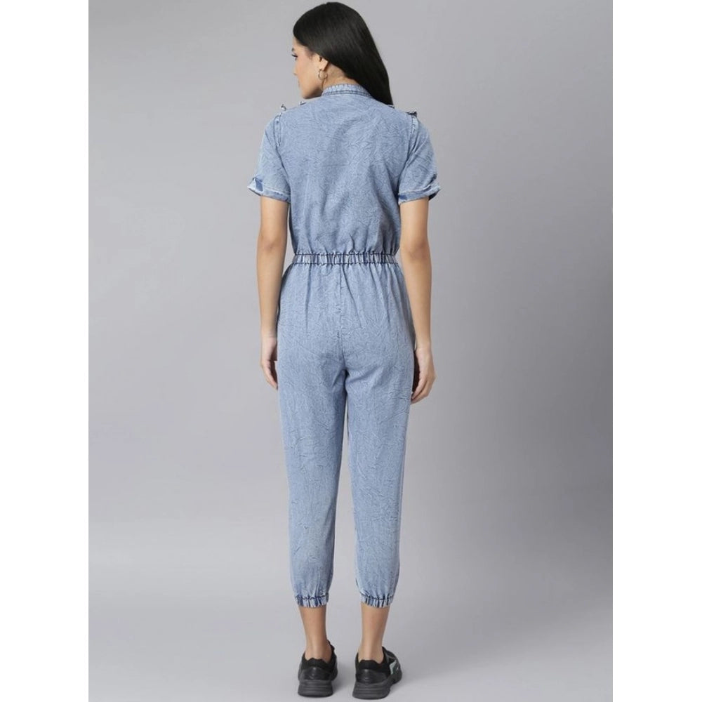 PKRKART Women's Denim Self Design Tie Ups Jumpsuit (Blue)
