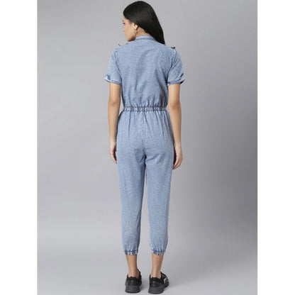 PKRKART Women's Denim Self Design Tie Ups Jumpsuit (Blue)