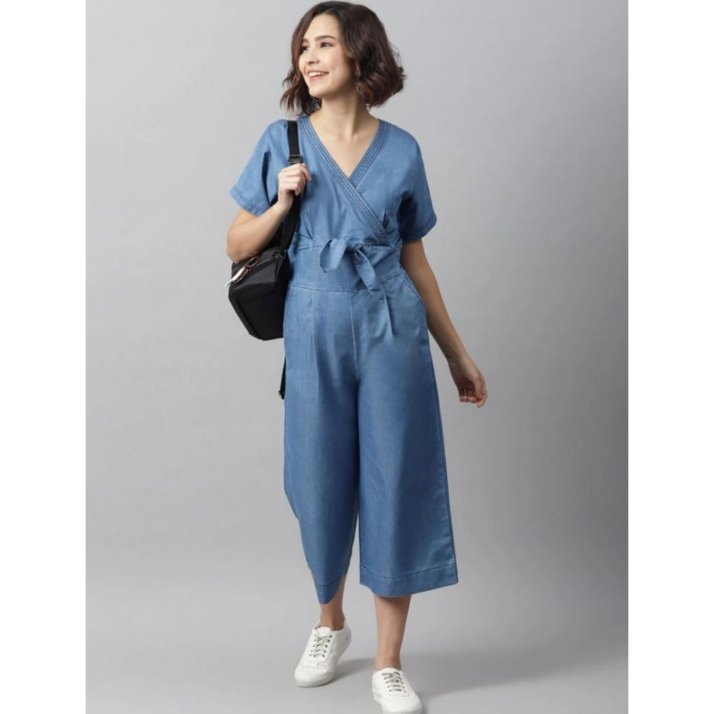 PKRKART Women's Denim Solid Half Sleeve Jumpsuit (Blue)