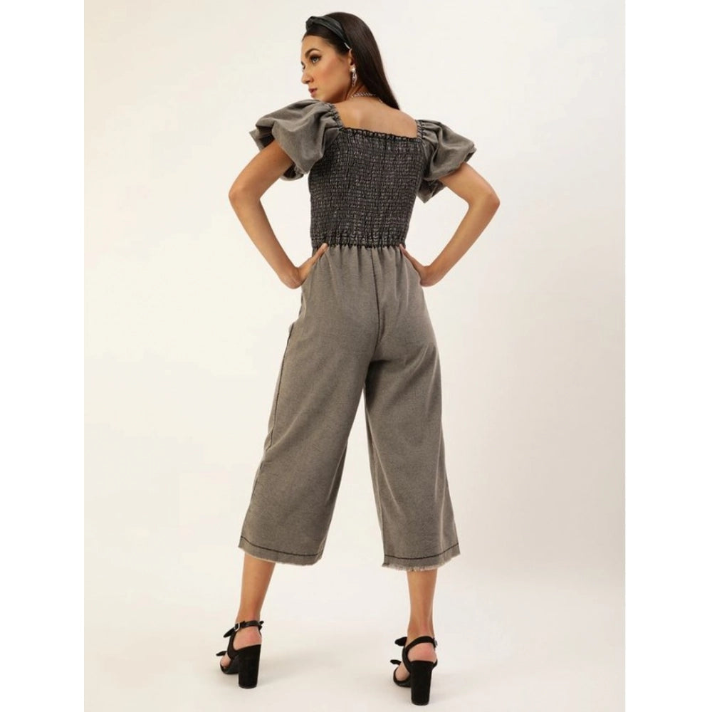 PKRKART Women's Denim Solid Balloon Sleeve Jumpsuit (Black)