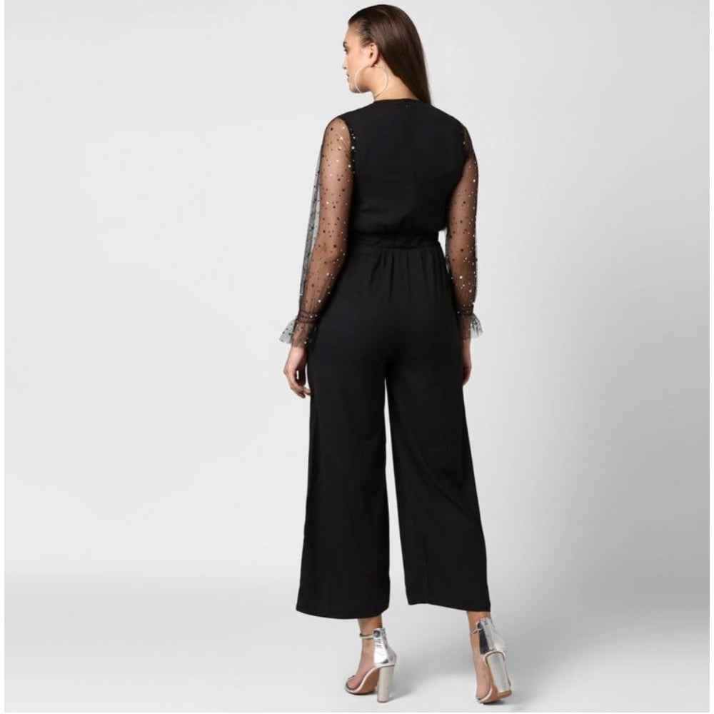 PKRKART Women's Polyester Embellished Long Sleeve Jumpsuit (Black)