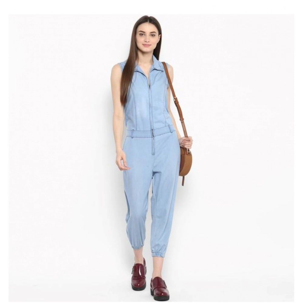 PKRKART Women's Denim Solid Sleeveless Jumpsuit (Blue)