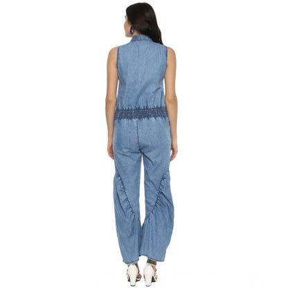 PKRKART Women's Denim Solid Sleeveless Jumpsuit (Blue)