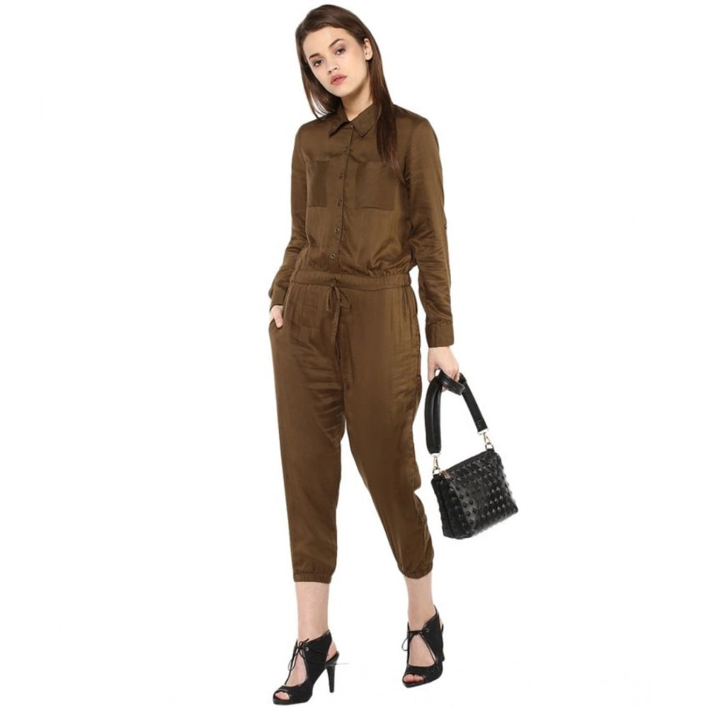 PKRKART Women's Rayon Solid Long Sleeve Jumpsuit (Olive)