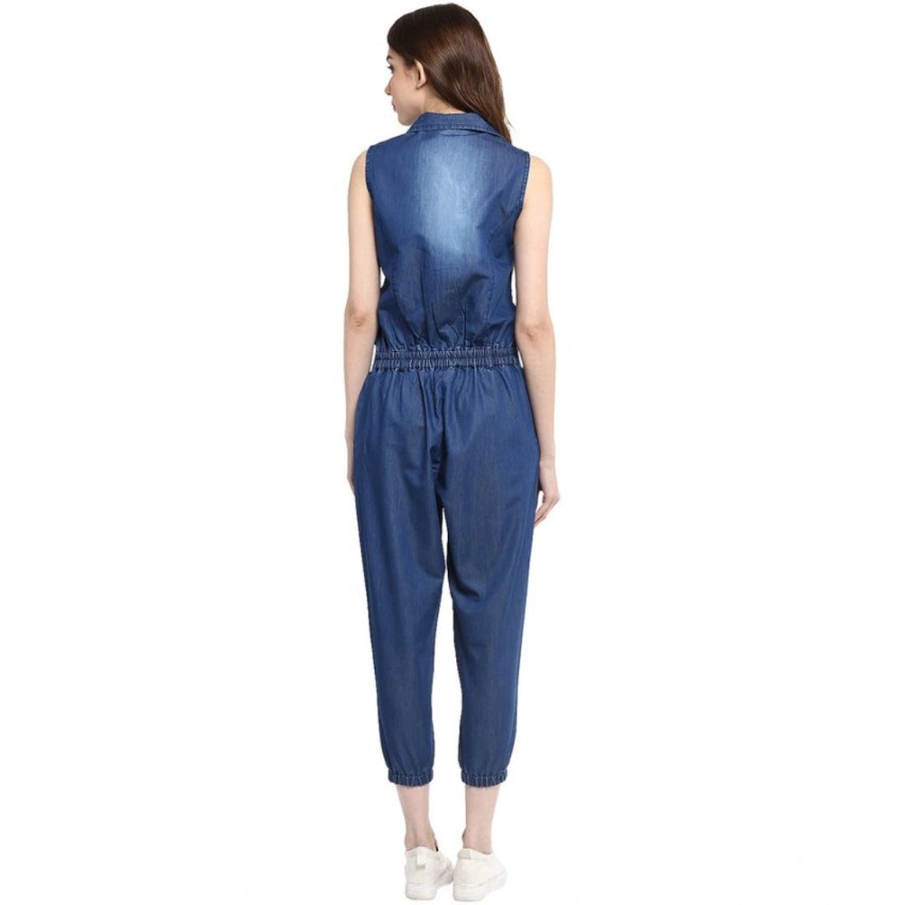 PKRKART Women's Denim Solid Sleeveless Jumpsuit (Blue)