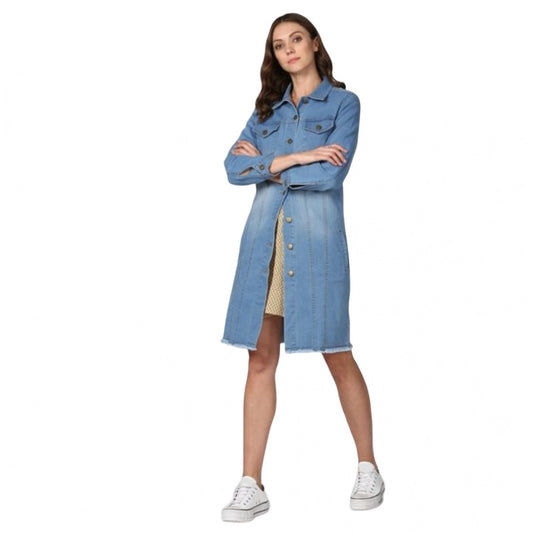 PKRKART Women's Denim Washed Long Sleeve Jacket (Blue)