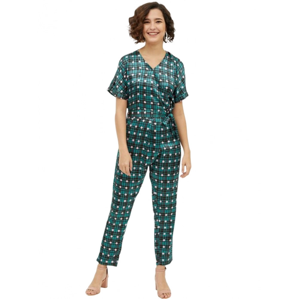 PKRKART Women's Polyester Polka Short Sleeve Jumpsuit (Green)
