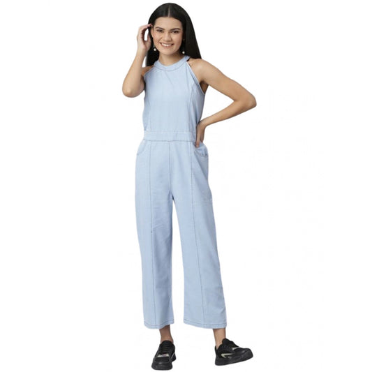 PKRKART Women's Denim Self Design Sleeveless Jumpsuit (Blue)