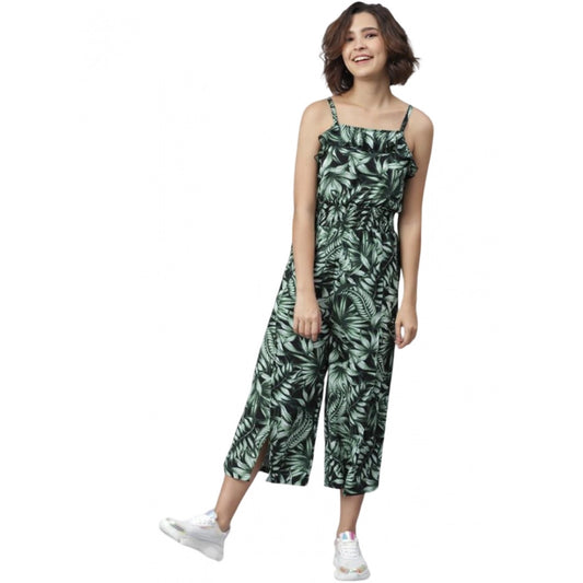 PKRKART Women's Polyester Printed Shoulder Straps Jumpsuit (Black - Green)