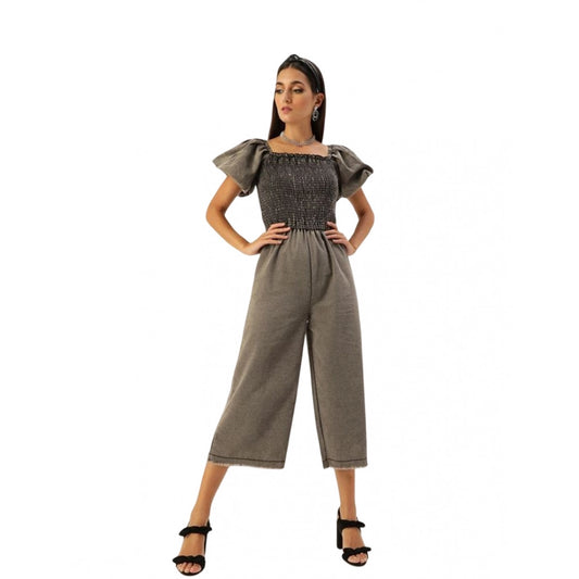 PKRKART Women's Denim Solid Balloon Sleeve Jumpsuit (Black)