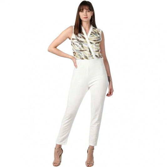 PKRKART Women's Polyester Embellished Sleeveless Jumpsuit (White)
