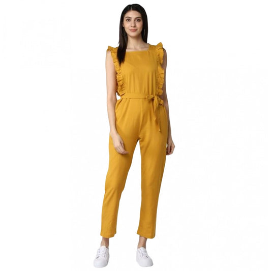 PKRKART Women's Cotton Linen Solid Sleeveless Jumpsuit (Yellow)