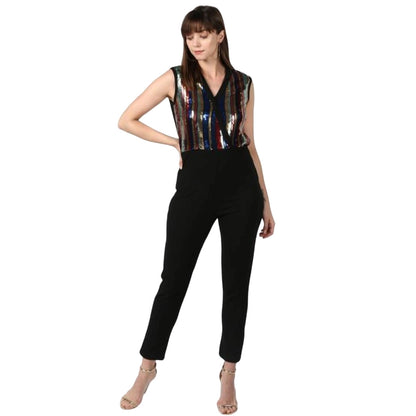 PKRKART Women's Polyester Embellished Sleeveless Jumpsuit (Black)