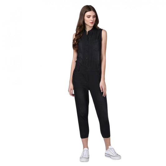PKRKART Women's Denim Solid Sleeveless Jumpsuit (Black)