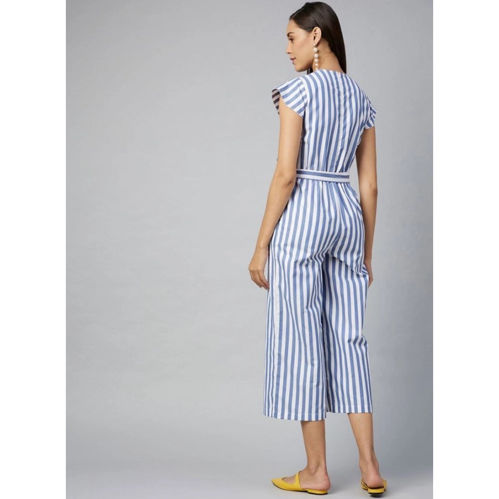 PKRKART Women's Cotton-Polyester Blend Striped Short Sleeve Jumpsuit (Blue)