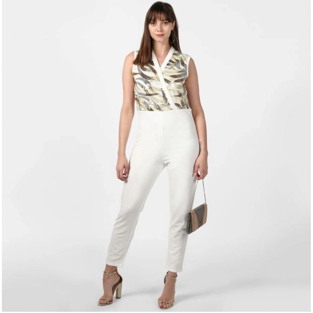 PKRKART Women's Polyester Embellished Sleeveless Jumpsuit (White)