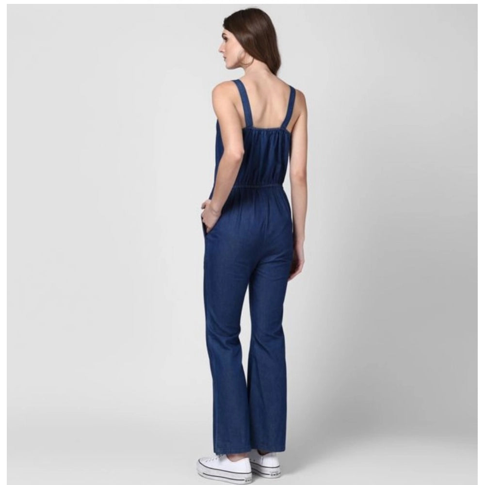 PKRKART Women's Denim Solid Shoulder Straps Jumpsuit (Blue)