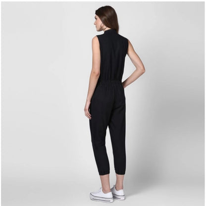 PKRKART Women's Denim Solid Sleeveless Jumpsuit (Black)