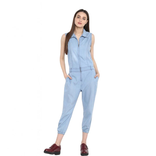 PKRKART Women's Denim Solid Sleeveless Jumpsuit (Blue)
