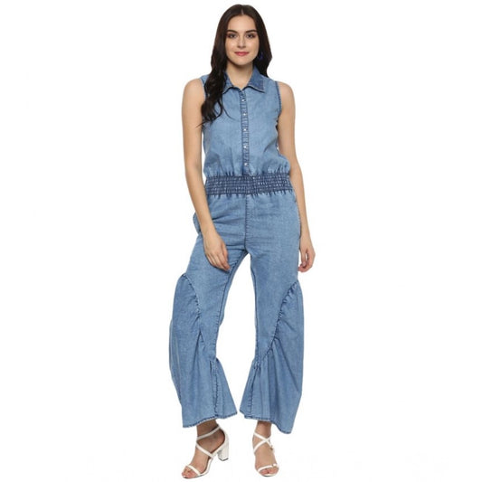 PKRKART Women's Denim Solid Sleeveless Jumpsuit (Blue)