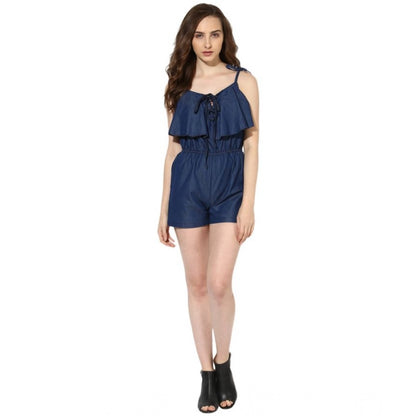 PKRKART Women's Denim Ruffled Shoulder Straps Jumpsuit (Blue)