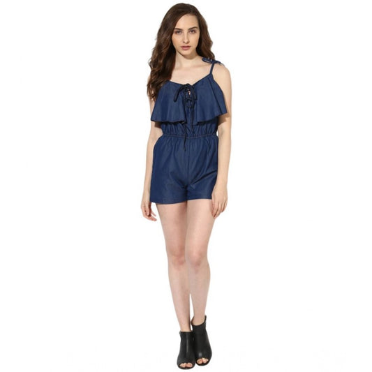 PKRKART Women's Denim Ruffled Shoulder Straps Jumpsuit (Blue)