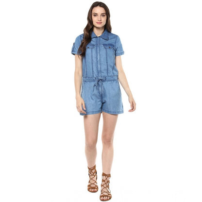 PKRKART Women's Denim Solid Short Sleeve Jumpsuit (Blue)