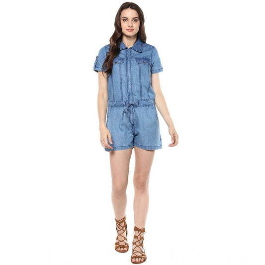 PKRKART Women's Denim Solid Short Sleeve Jumpsuit (Blue)