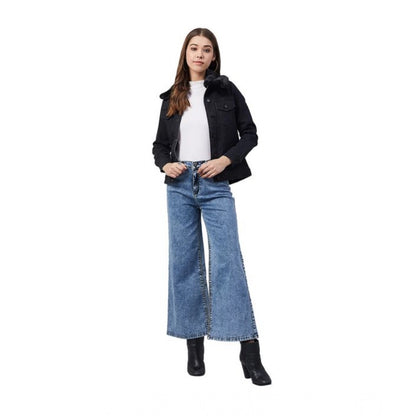 PKRKART Women's Denim &amp; Faux Fur Washed Long Sleeve Jacket (Black)