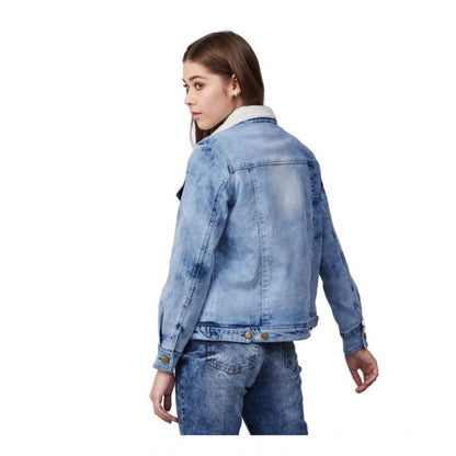 PKRKART Women's Denim Washed Long Sleeve Jacket (Blue)