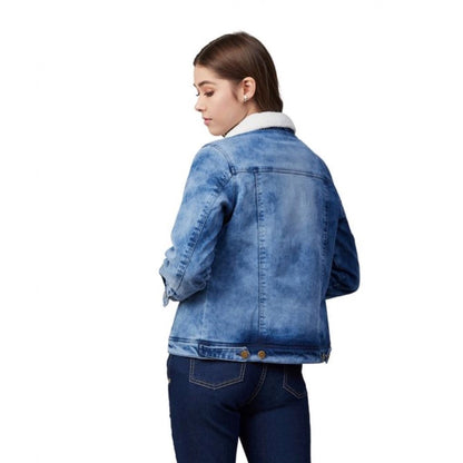 PKRKART Women's Denim Washed Long Sleeve Jacket (Blue)