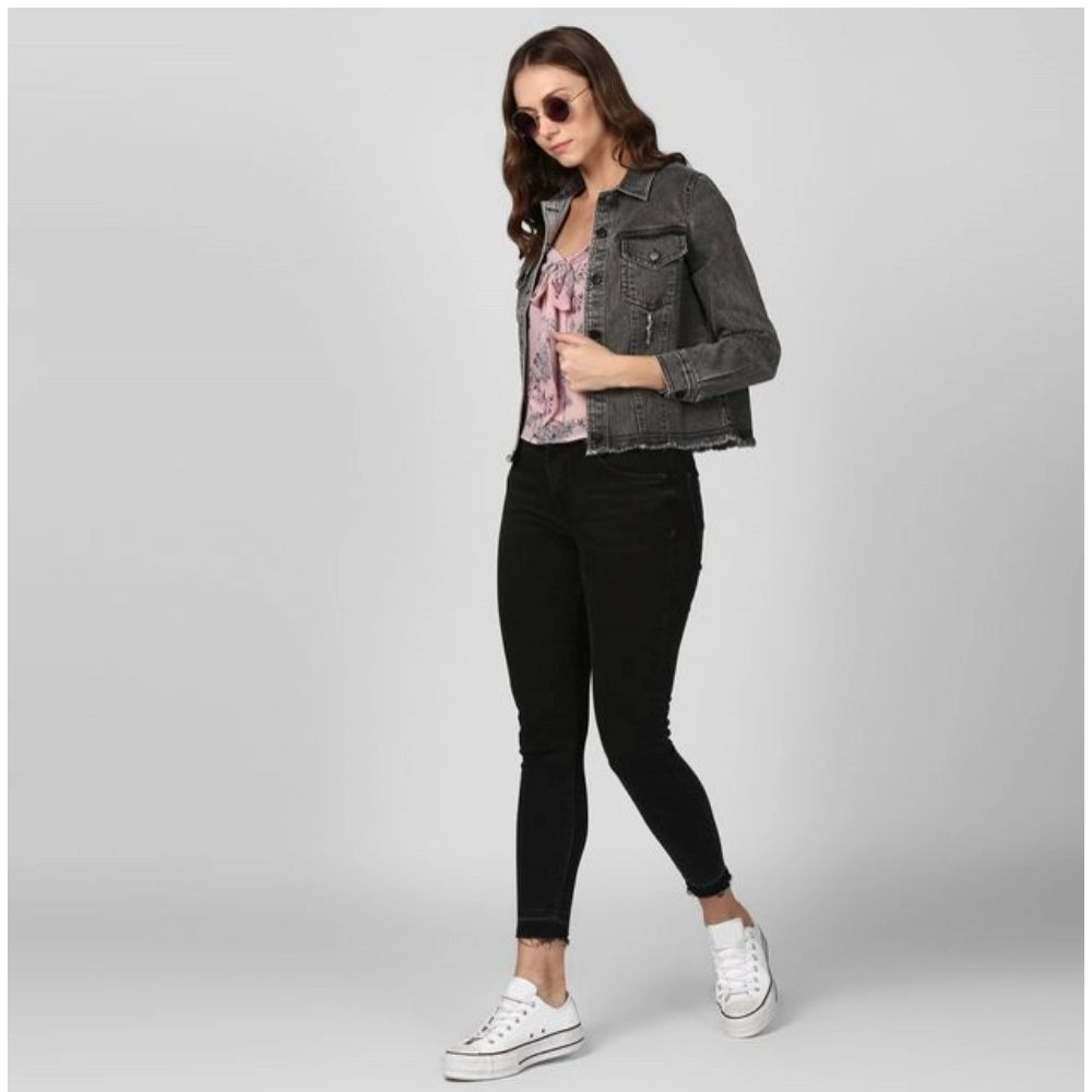 PKRKART Women's Denim Distressed Long Sleeve Jacket (Black)